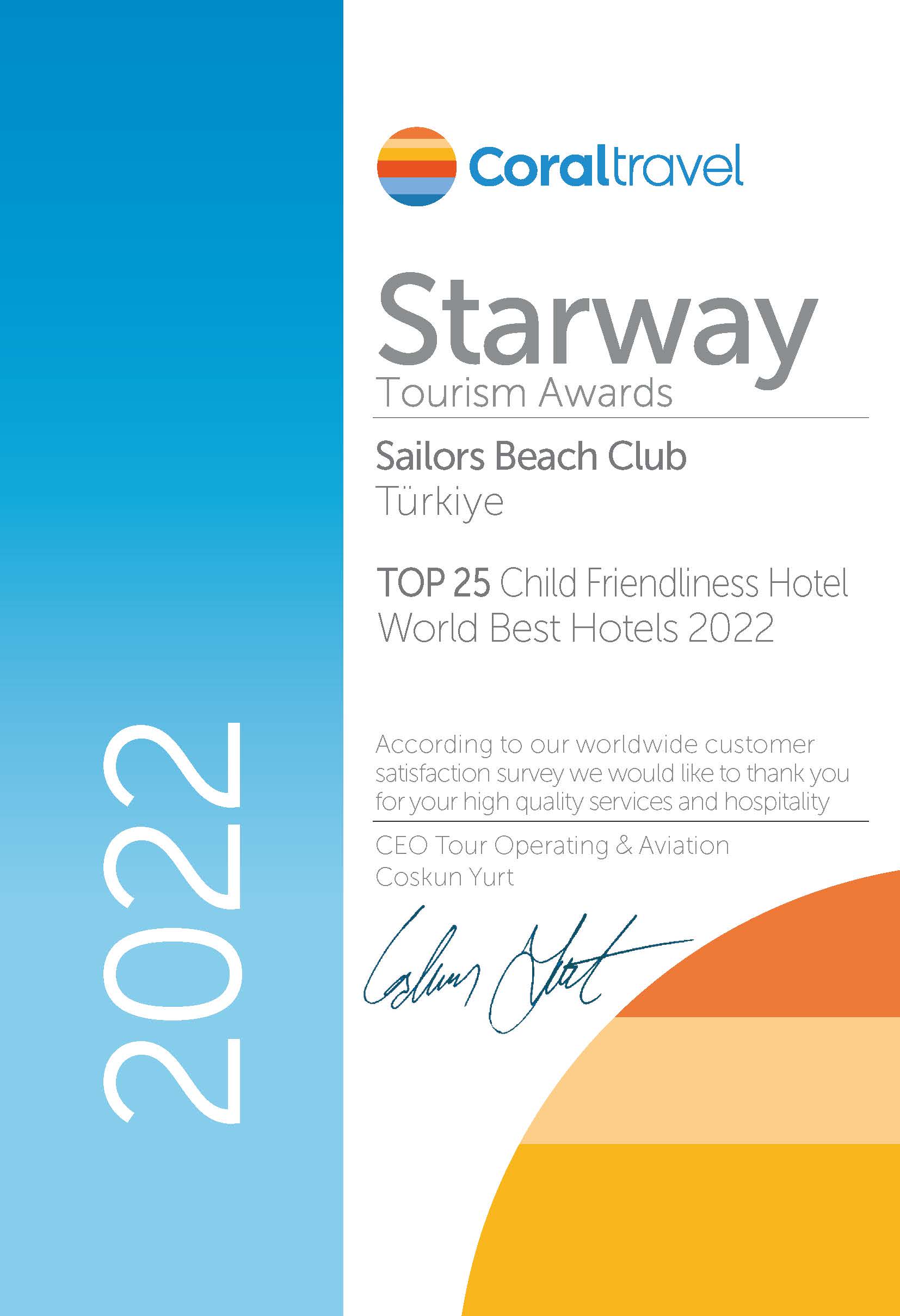 Coral Travel Starway Tourism Awards TOP 25 Child Friendliness Hotel World Best Hotels 2022