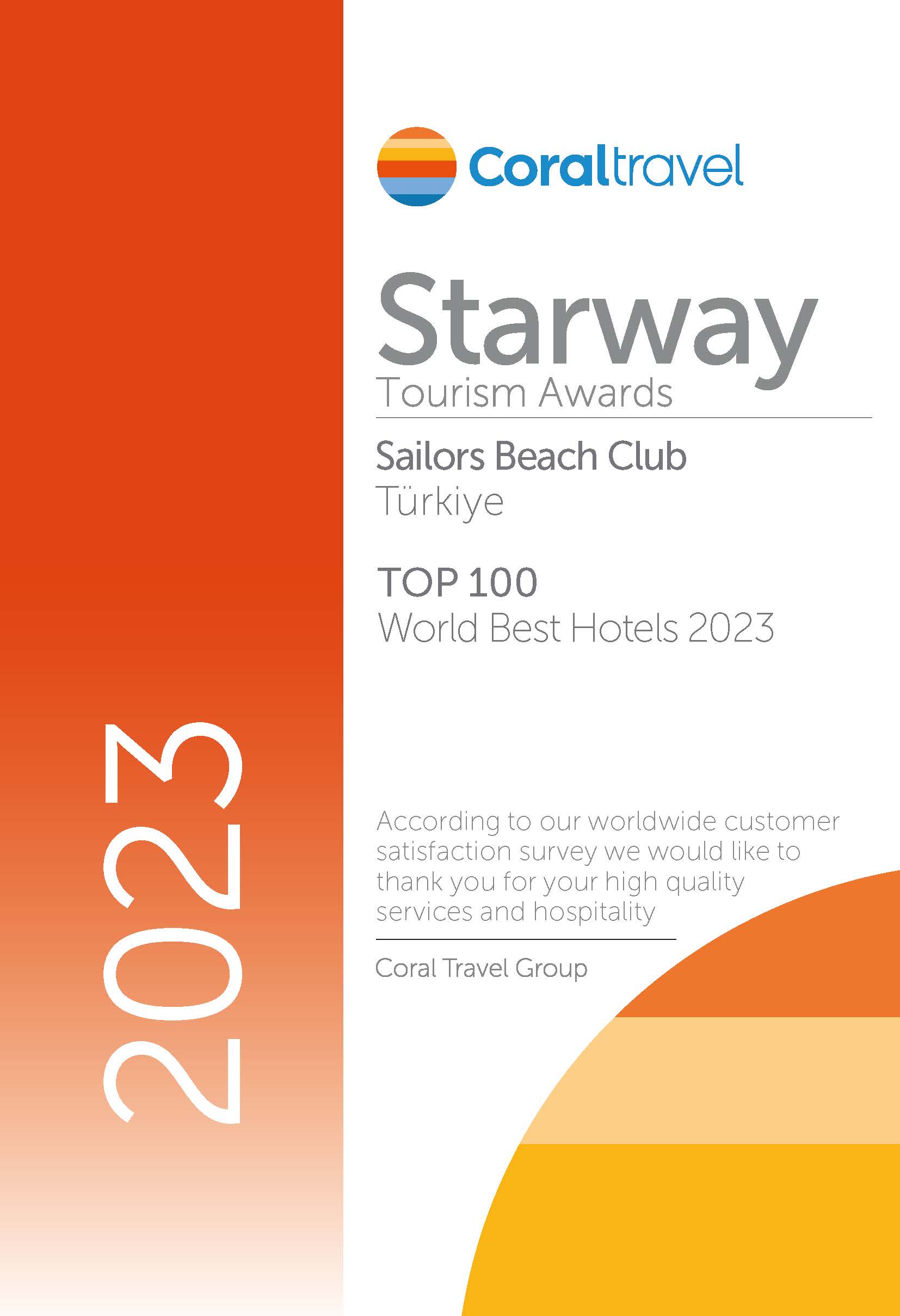 Coral Travel Starway Tourism Awards TOP 100 World Best Hotels 2023
