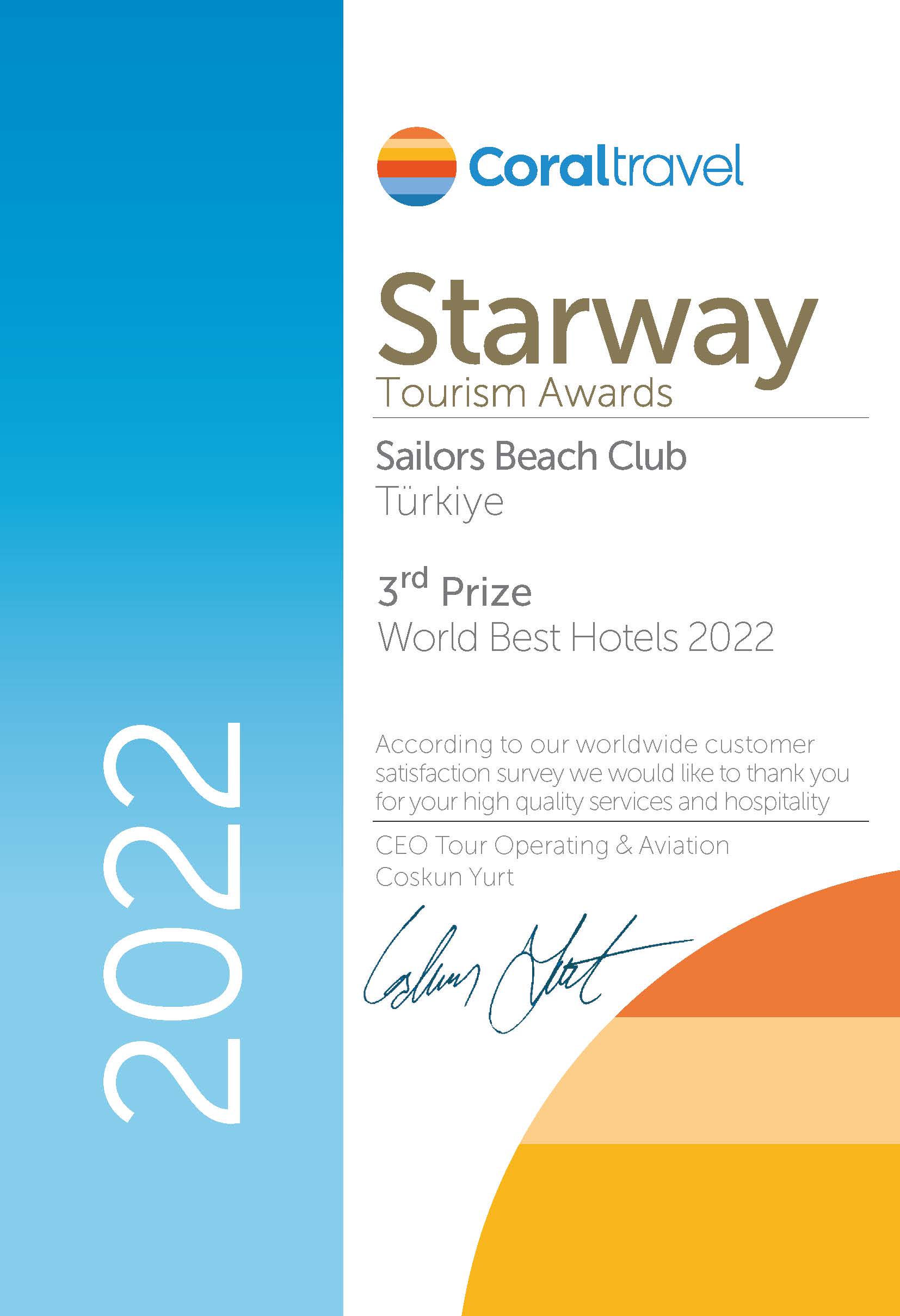 Coral Travel Starway Tourism Awards 3 rd Prize World Best Hotels 2022