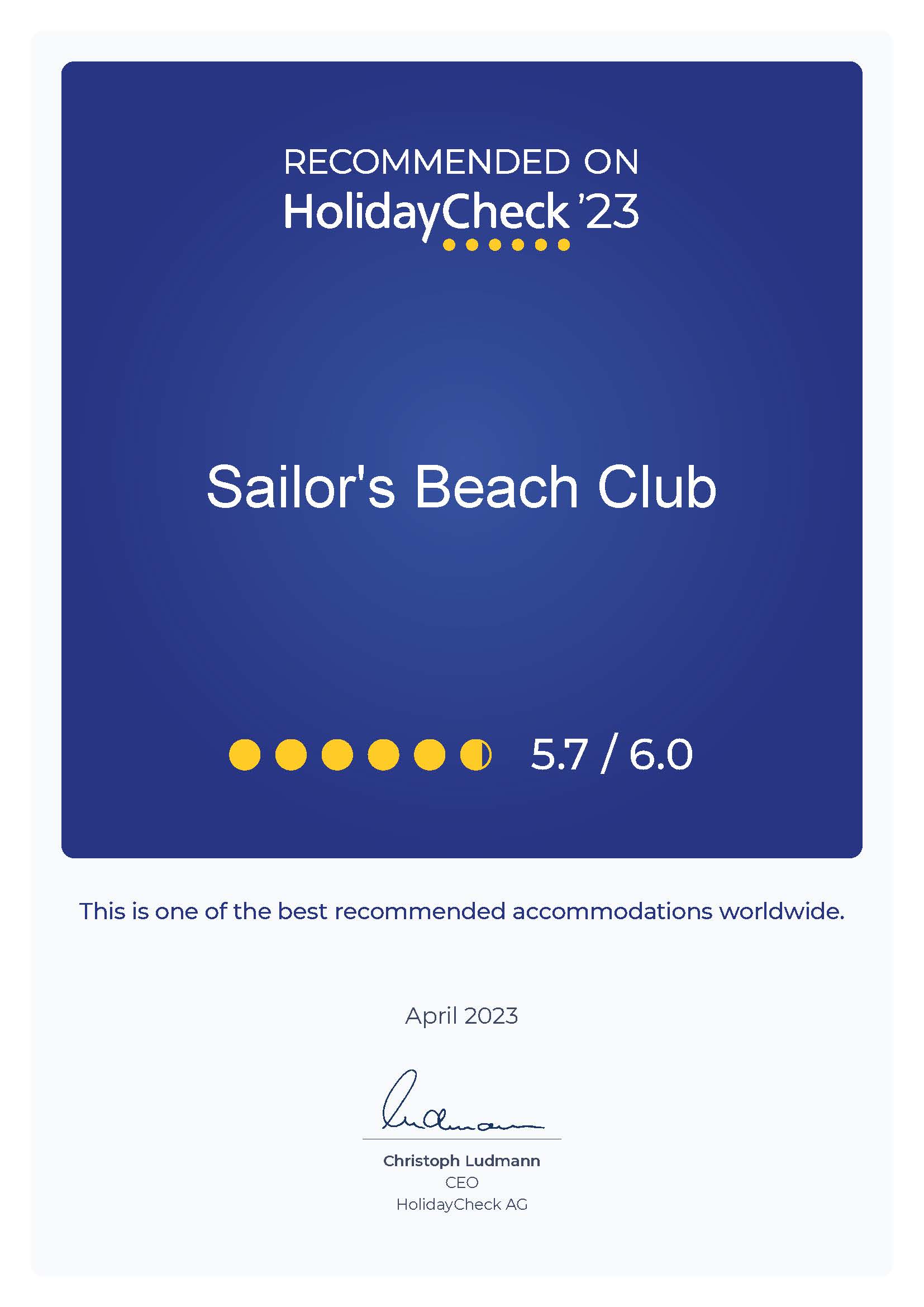 HolidayCheck ’23 Sailor’s Beach Club Is One Of The Best Recommended Accommodations Worldwide